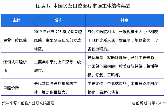 图表1：中国民营口腔医疗市场主体结构类型